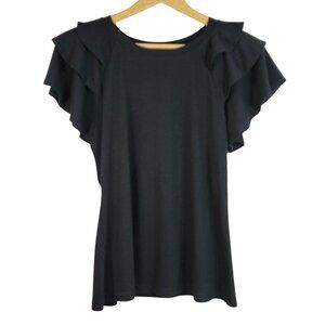 Womens Ruffle Shoulder Pullover T Shirt Top Black Medium Round Neck Short Sleeve